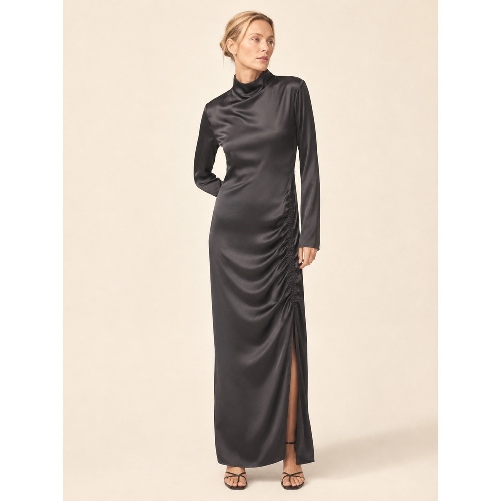 Banana Republic Women Satin Mock Neck Ruched Maxi Dress Size S Petite Black Slit